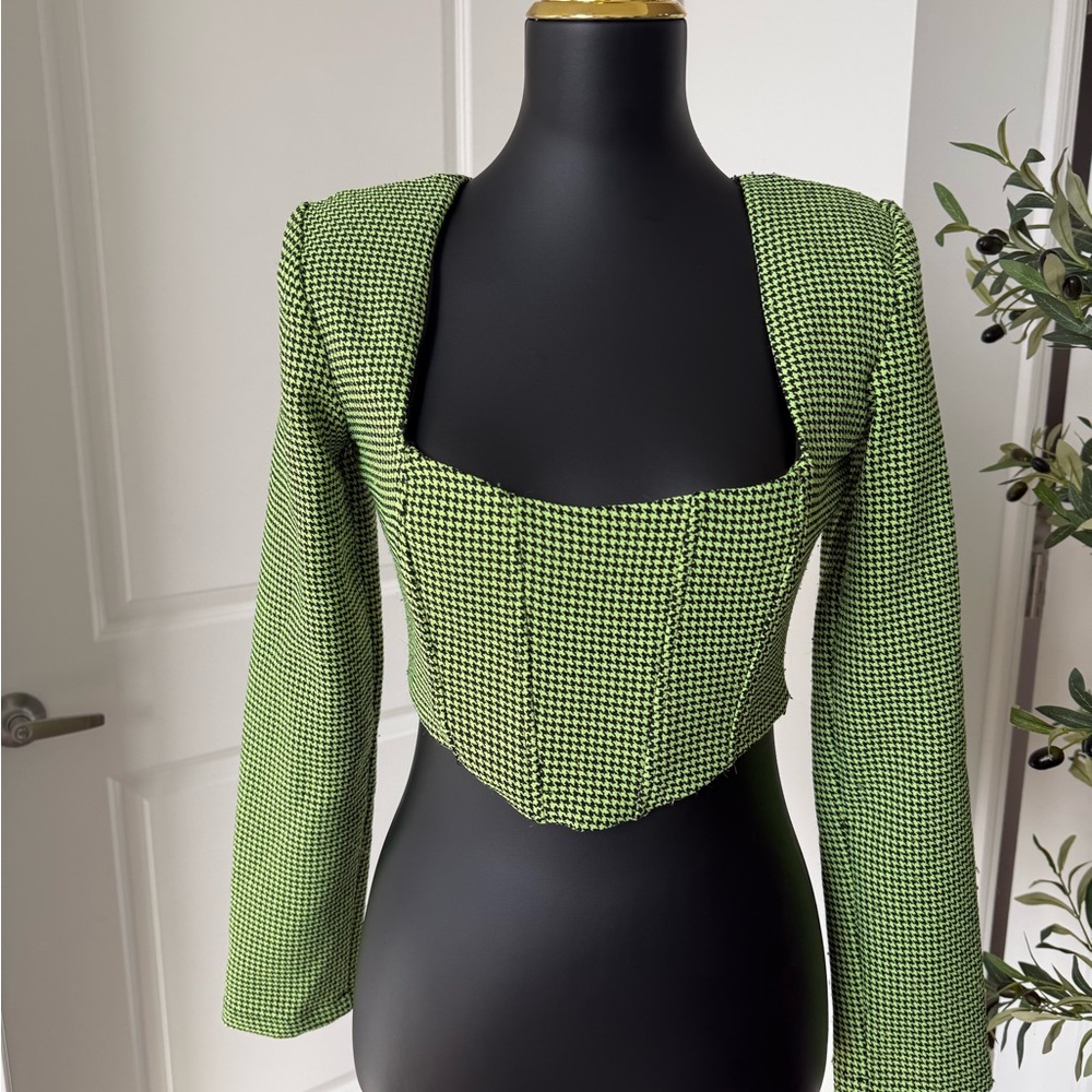 Zara‎ Black and Green Houndstooth Crop Top